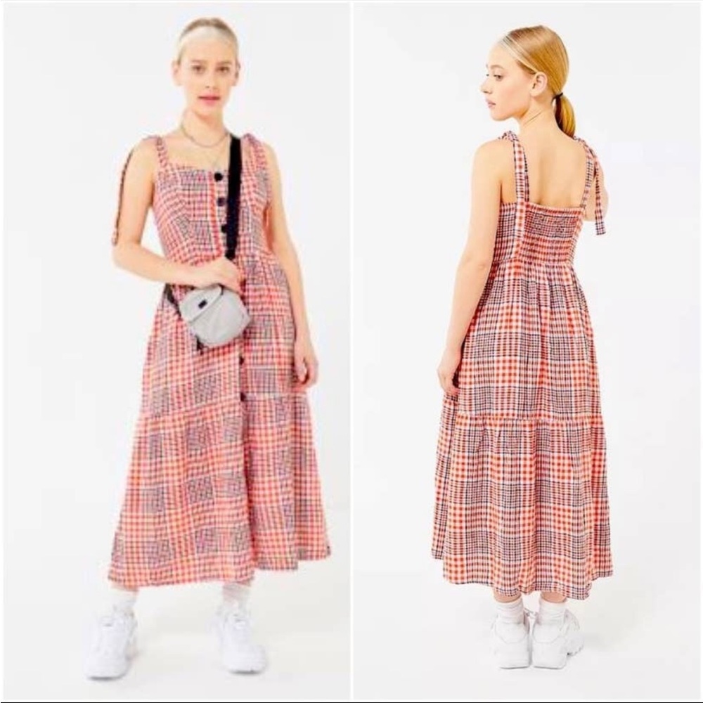 UO Plaid Positano Linen Apron Midi Dress - Picture 2 of 14